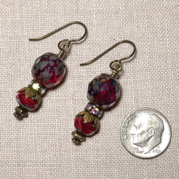 Hand Crafted Handmade Earrings Red Czech Glass & Rhinestone Long Earrings - Picture 3 of 5
